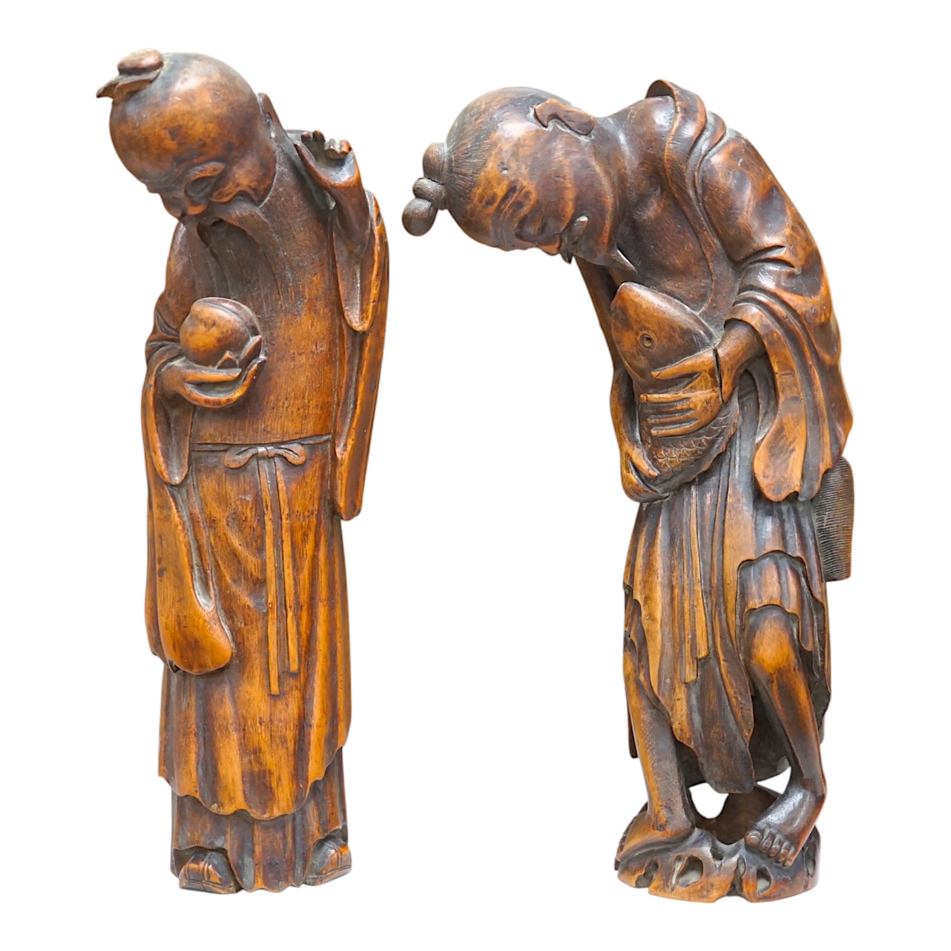 Two 19th century Chinese bamboo root figures of a fisherman and Shou Lao, tallest 32cm. Condition - fair to good